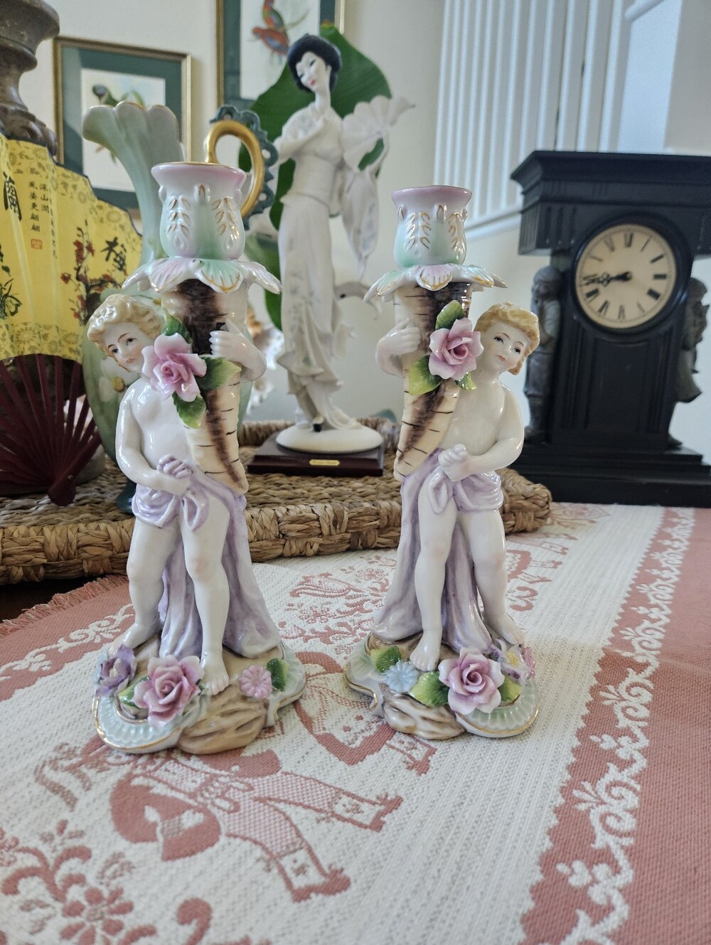 Andrea by Sadwk Porcelain Cherub Pair Candlesticks in Lavender